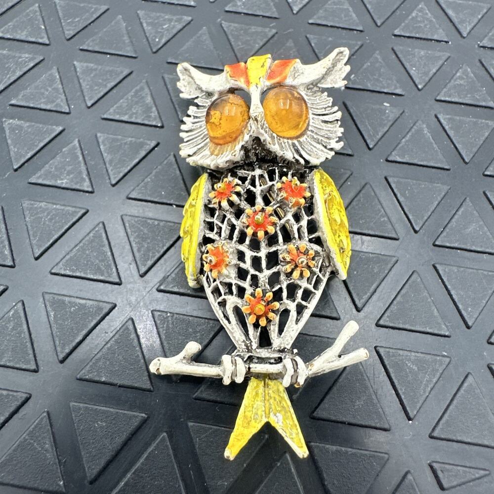 Vintage ART Arthur Pepper Enamel Orange Flowered Owl Brooch Pin Topaz Glass Cabs